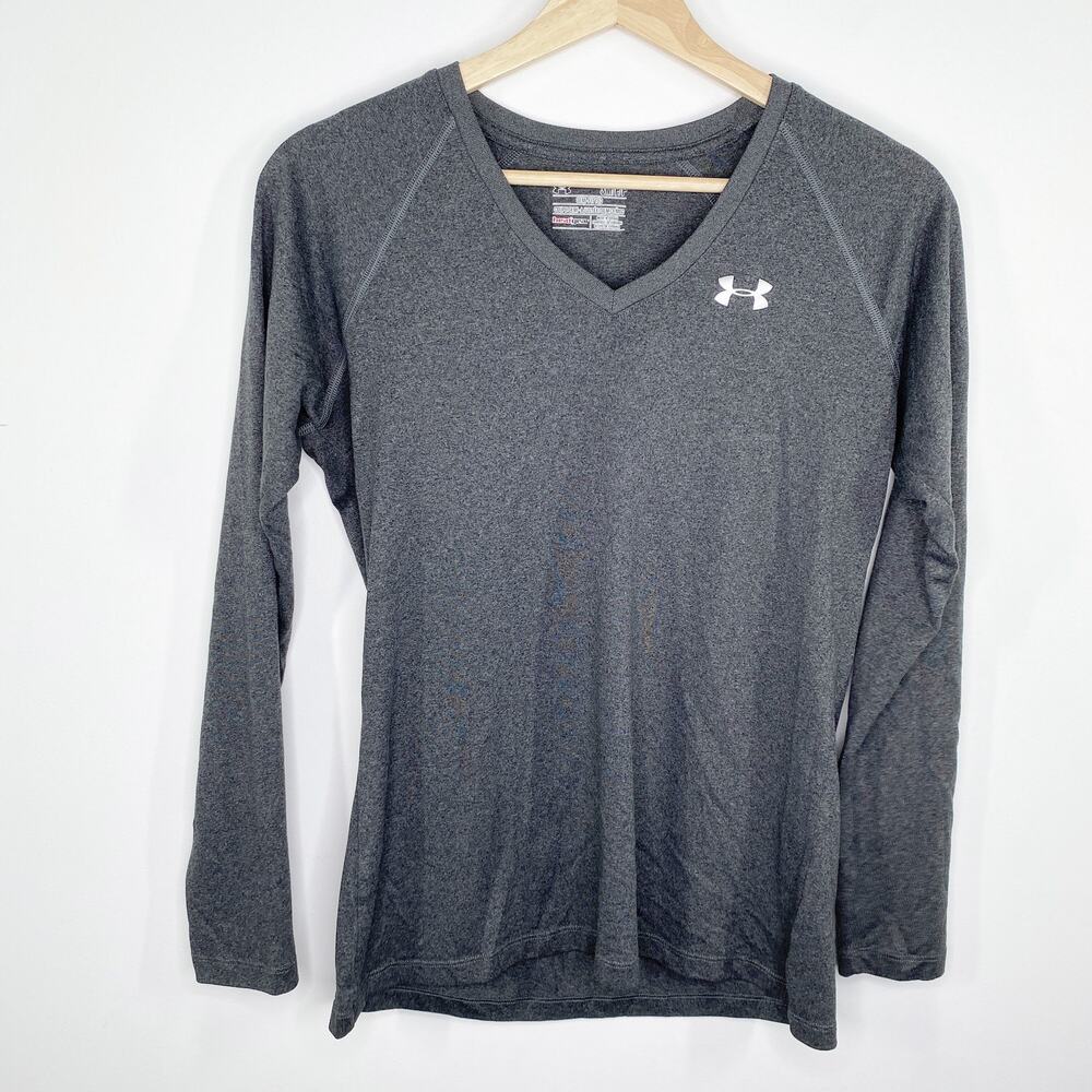 Under Armour HeatGear Semi-Fitted Grey Long Sleeve Shirt Womens Small V-Neck